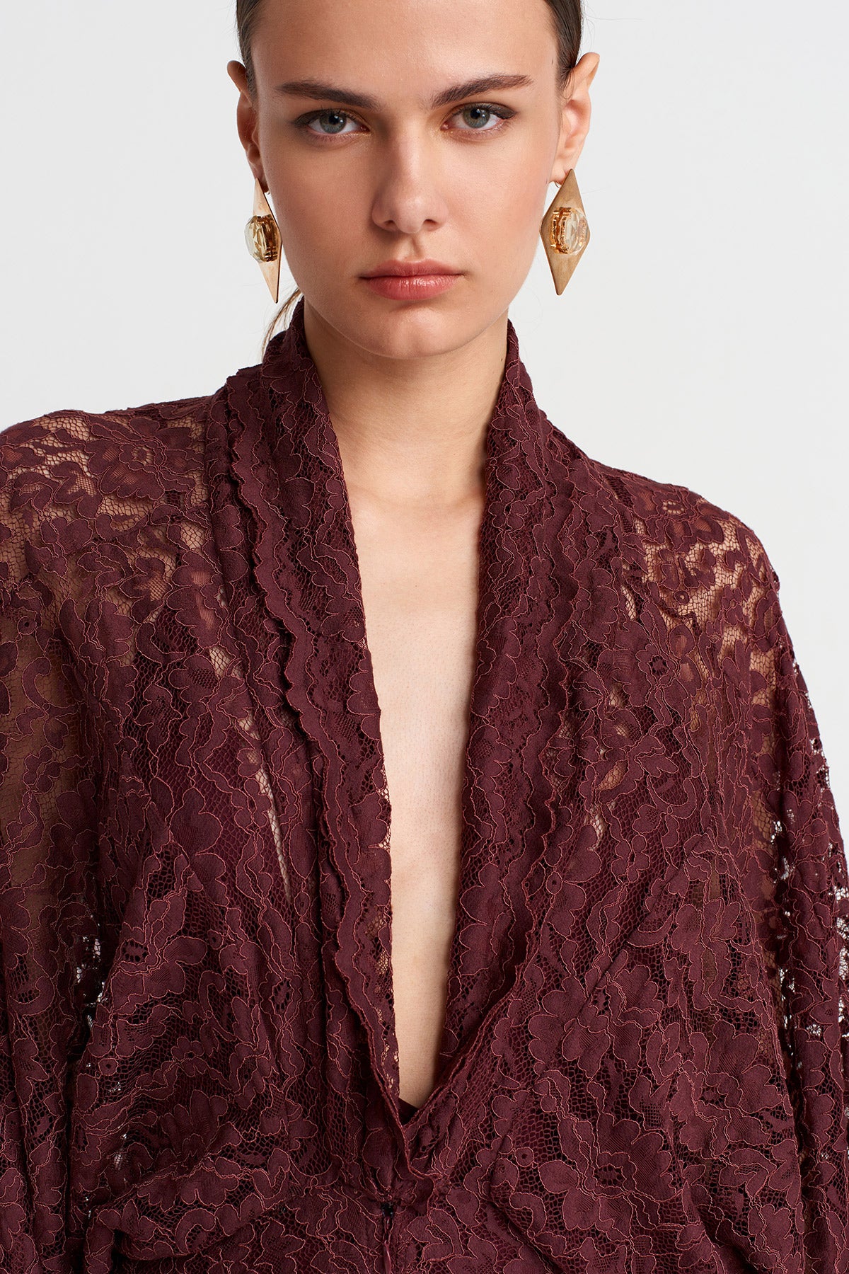 Burgundy Deep Plunge Lace Maxi Dress-Y264014021