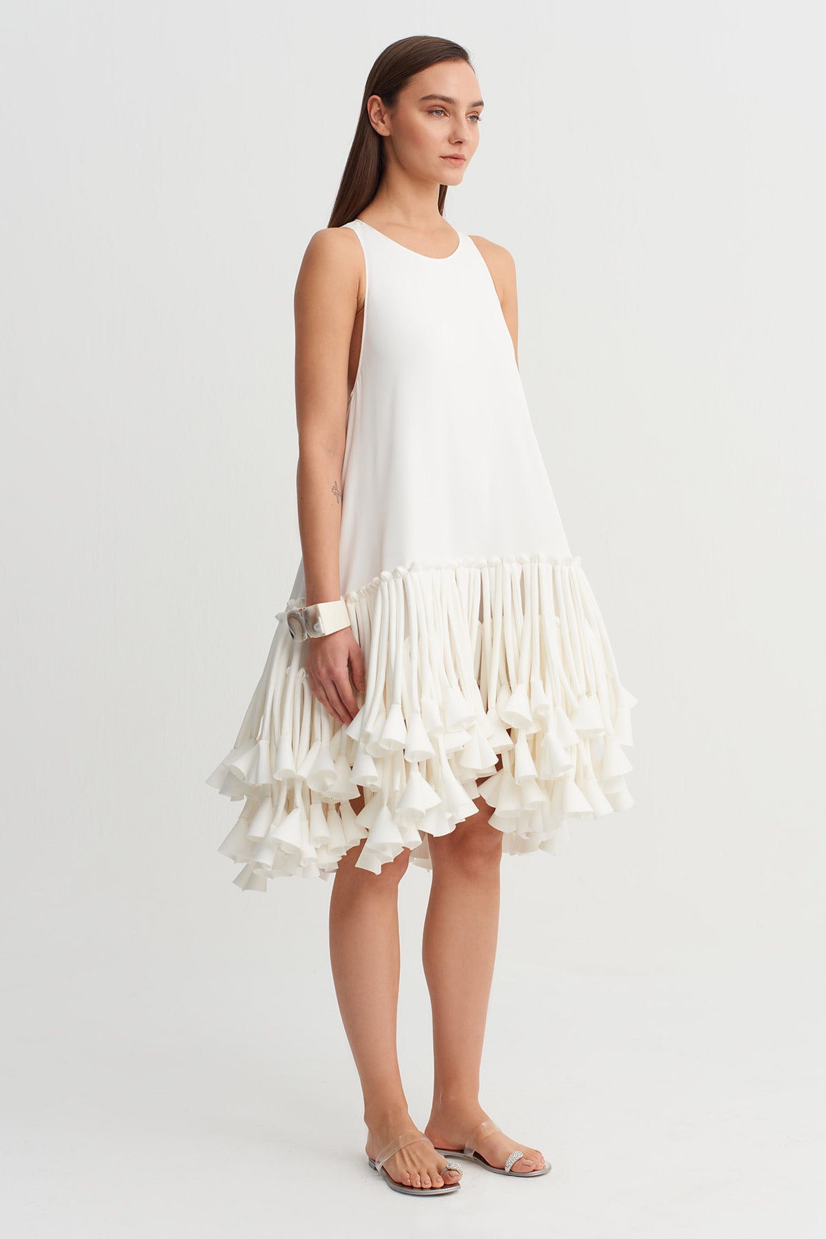 Off White Dress with Fabric Strip Appliqué Detail-Y264014034