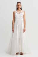 Off White Strip-Cut Fabric Appliqué Tulle Dress-Y264014035