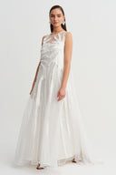 Off White Strip-Cut Fabric Appliqué Tulle Dress-Y264014035