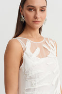 Off White Strip-Cut Fabric Appliqué Tulle Dress-Y264014035