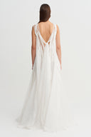 Off White Strip-Cut Fabric Appliqué Tulle Dress-Y264014035