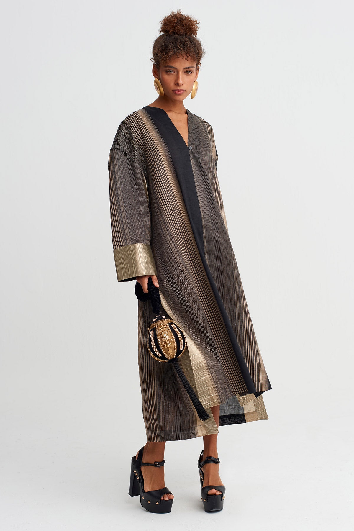 Black/Gold Textured Striped Long Dress-Y264014040