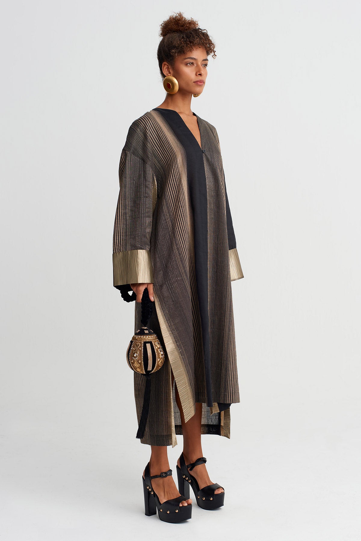 Black/Gold Textured Striped Long Dress-Y264014040