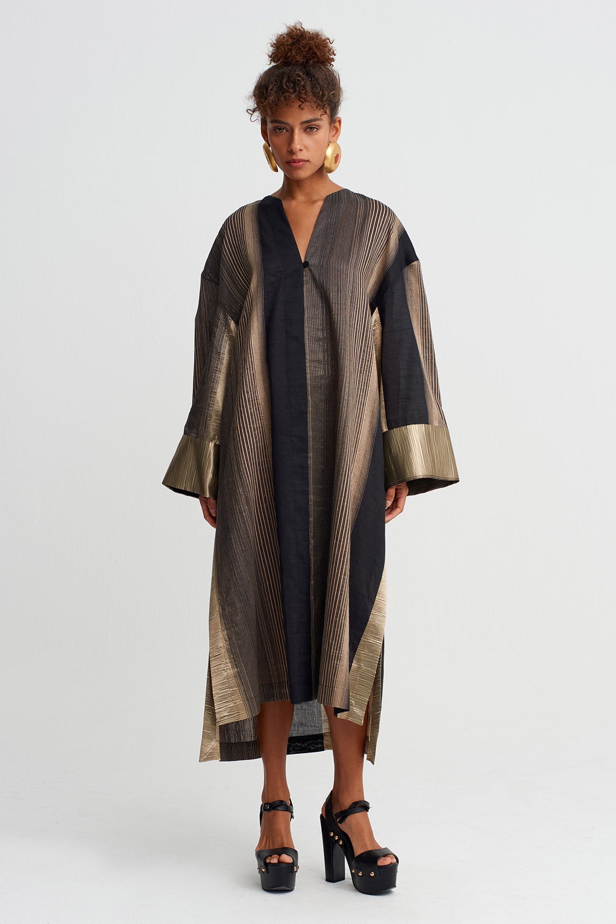 Black/Gold Textured Striped Long Dress-Y264014040