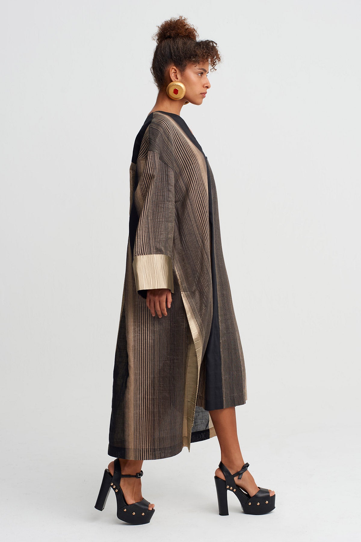 Black/Gold Textured Striped Long Dress-Y264014040