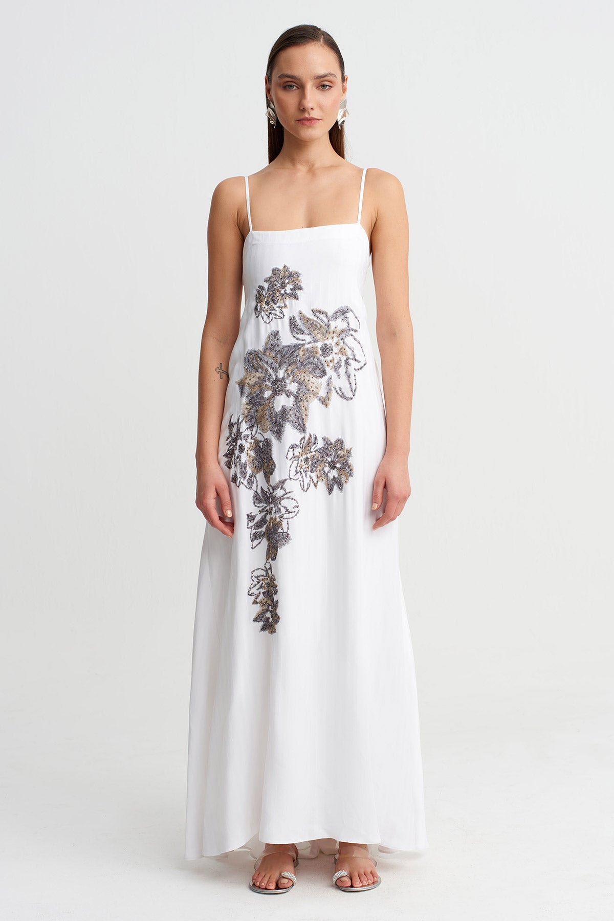 Off White Embroidered Strappy Maxi Dress-Y264014041