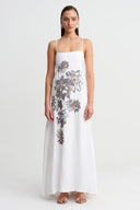 Off White Embroidered Strappy Maxi Dress-Y264014041