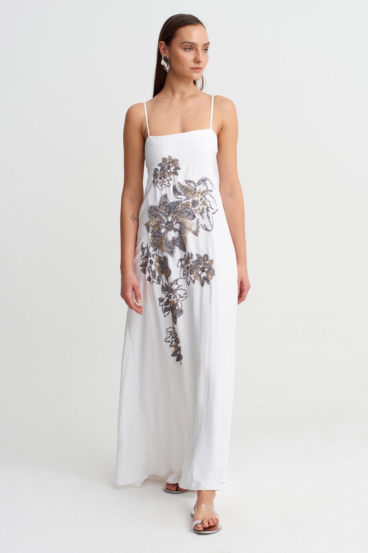 Off White Embroidered Strappy Maxi Dress-Y264014041