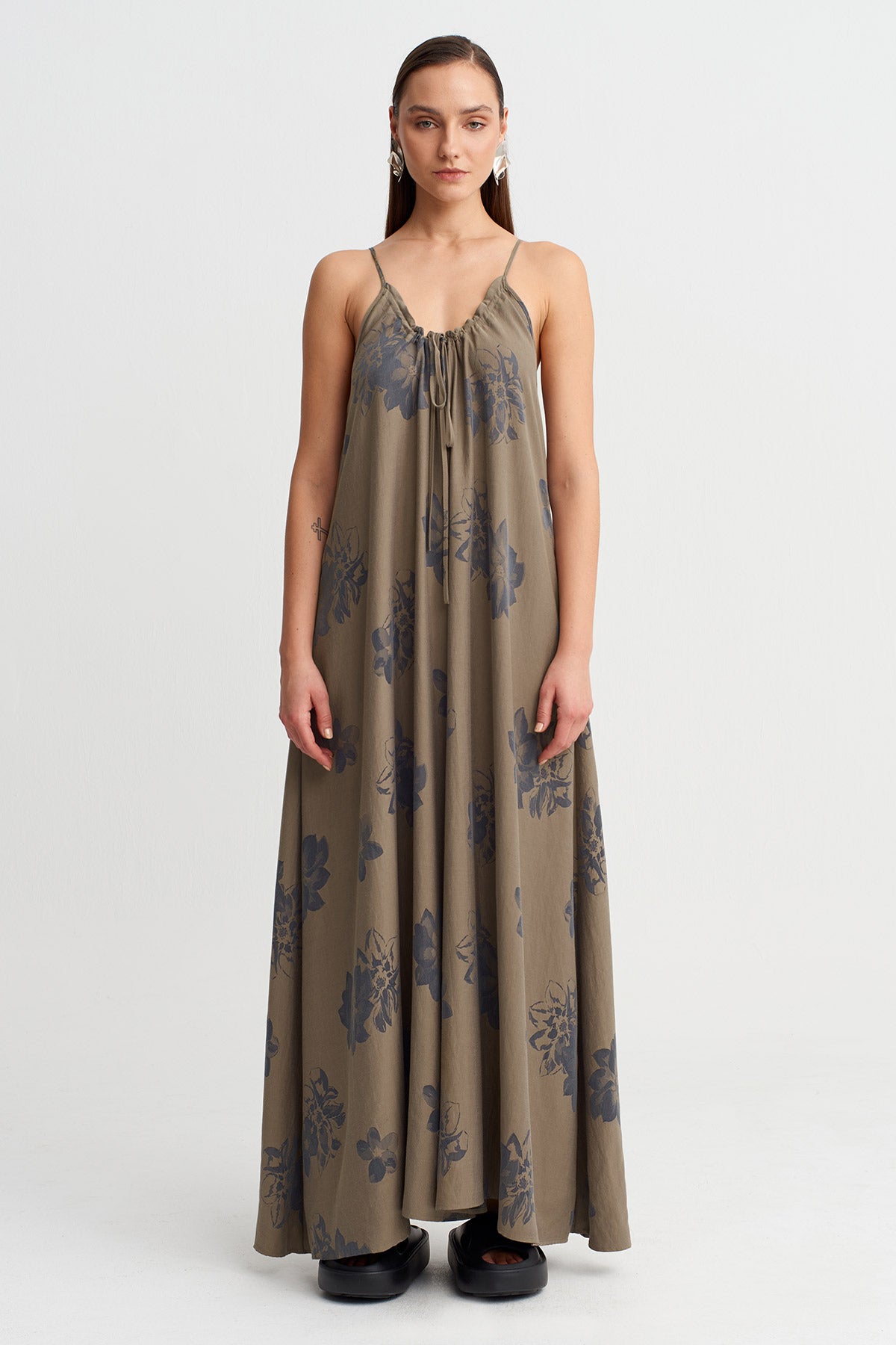 Kahve/Gri Printed Strappy Maxi Dress-Y264014042