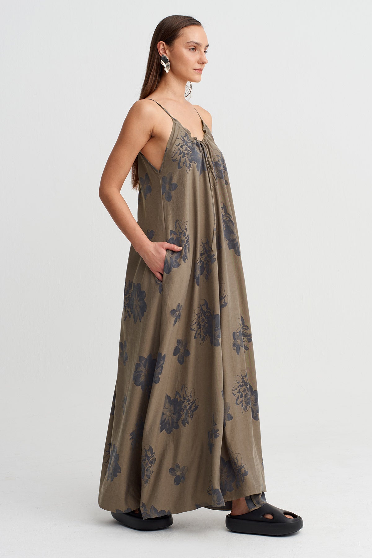 Kahve/Gri Printed Strappy Maxi Dress-Y264014042
