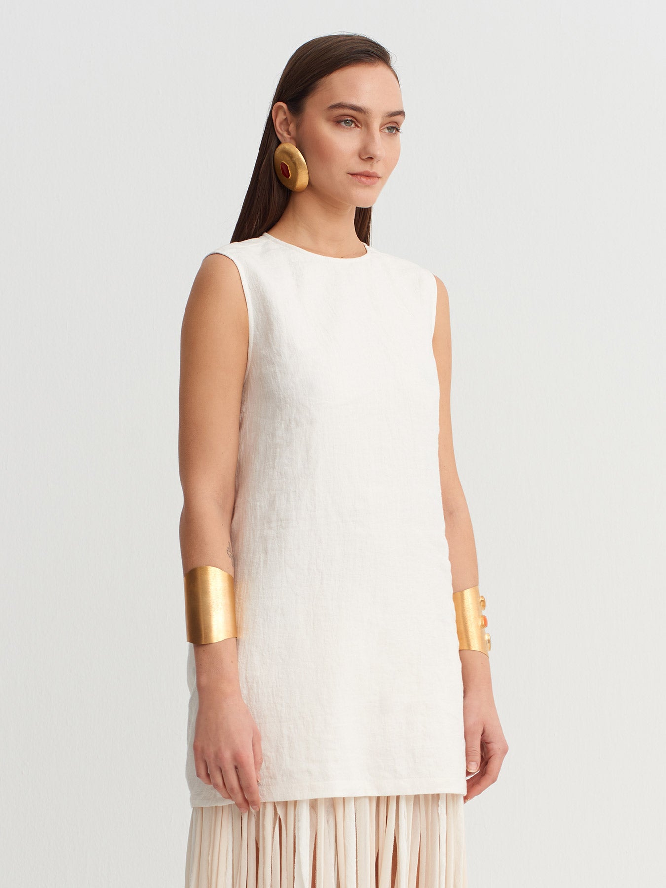 Ecru Fringed Linen Dress with Open Back Detail-Y264014044