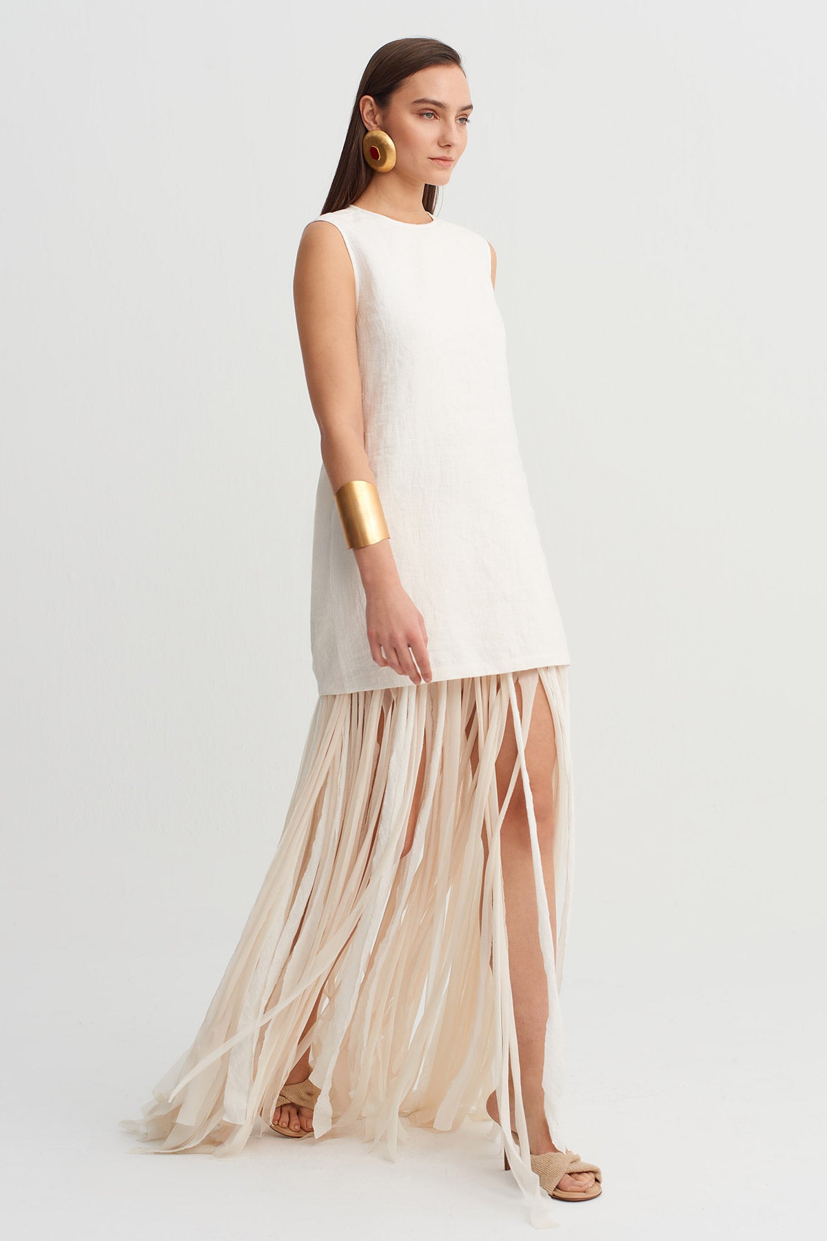Ecru Fringed Linen Dress with Open Back Detail-Y264014044
