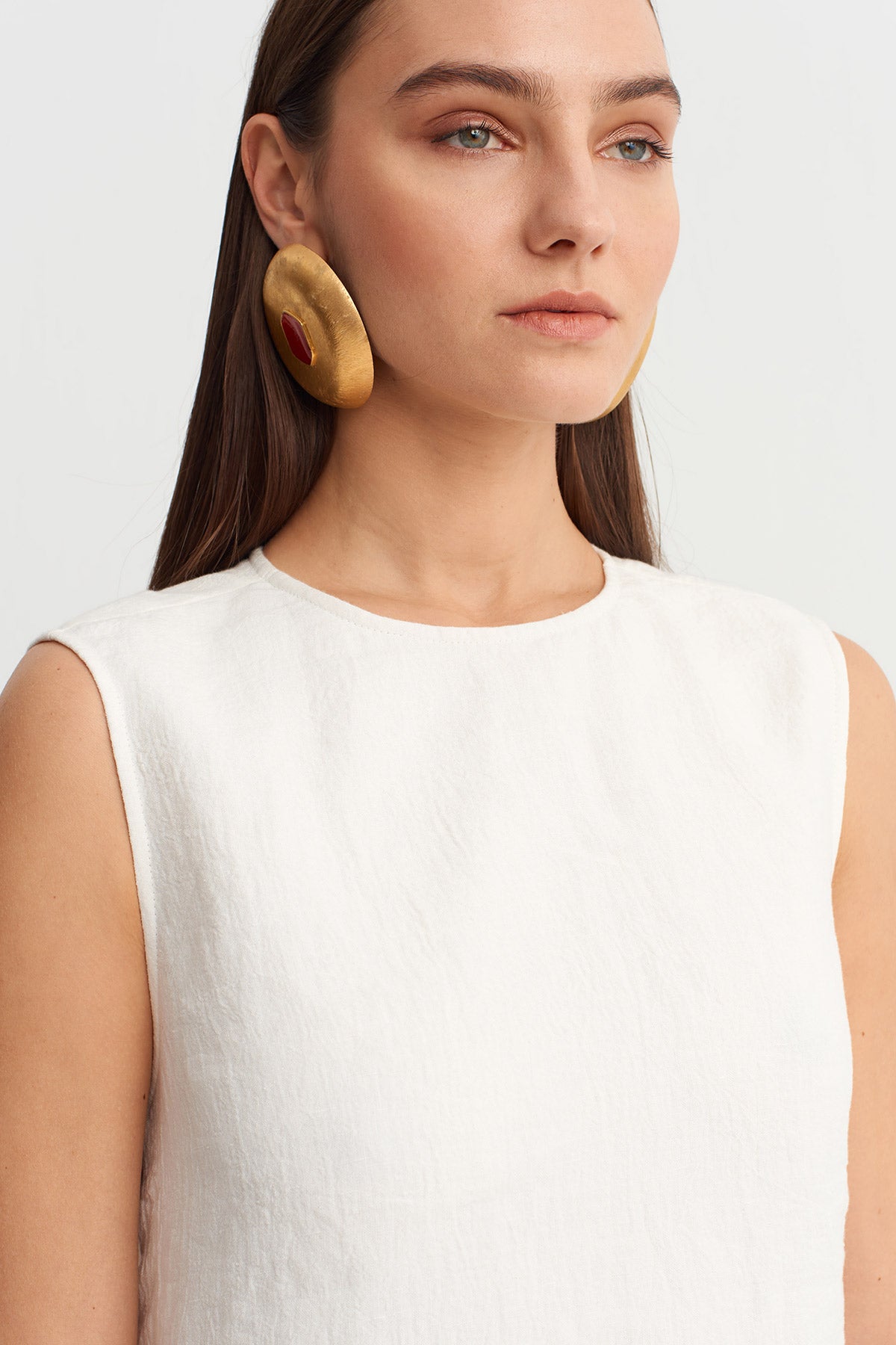 Ecru Fringed Linen Dress with Open Back Detail-Y264014044