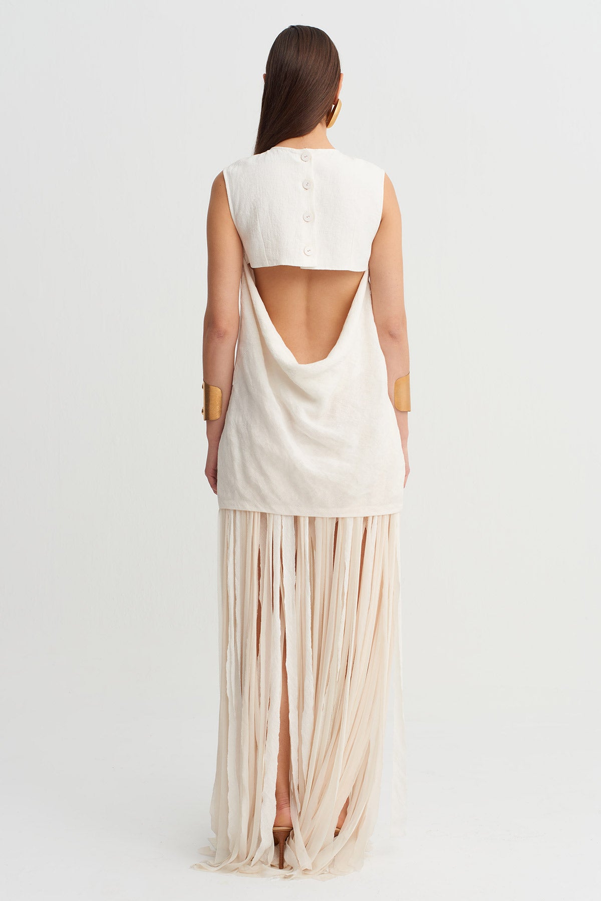 Ecru Fringed Linen Dress with Open Back Detail-Y264014044