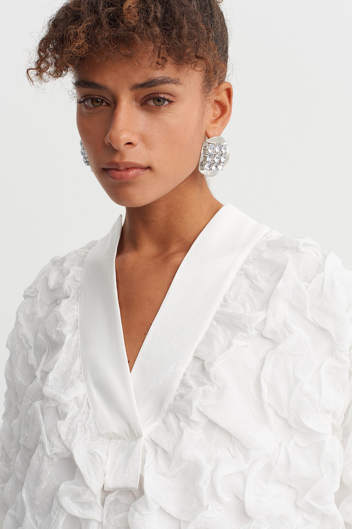 Off White Textured V-Neck Long Dress-Y264014046