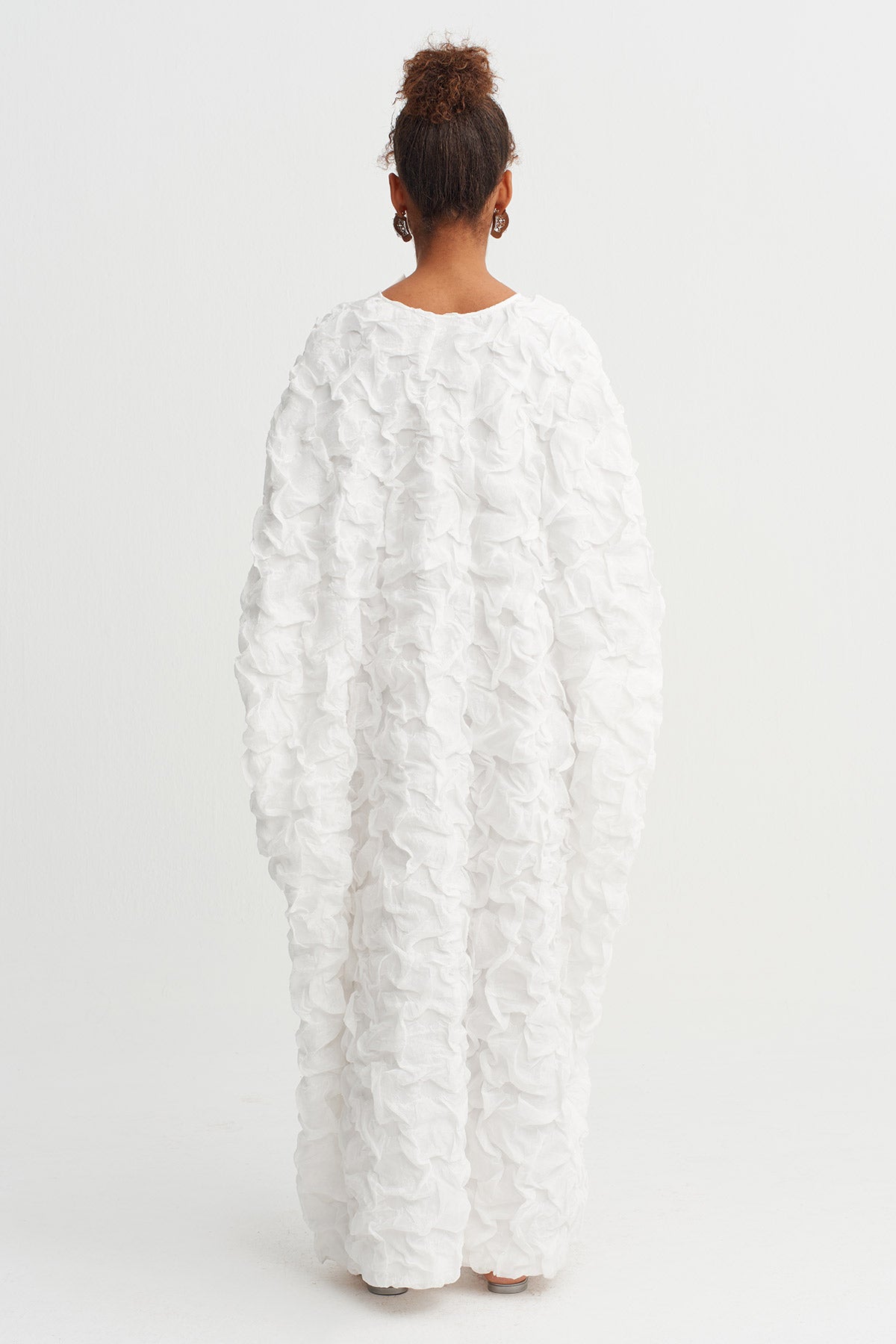 Off White Textured V-Neck Long Dress-Y264014046