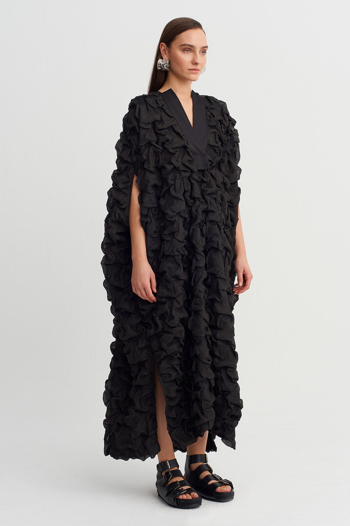 Black Textured V-Neck Long Dress-Y264014046