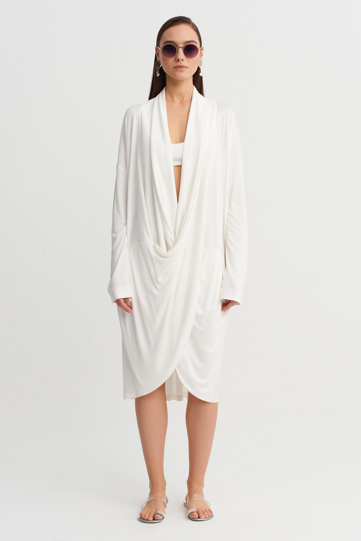 Off White Draped Neck Long Dress-Y264014047