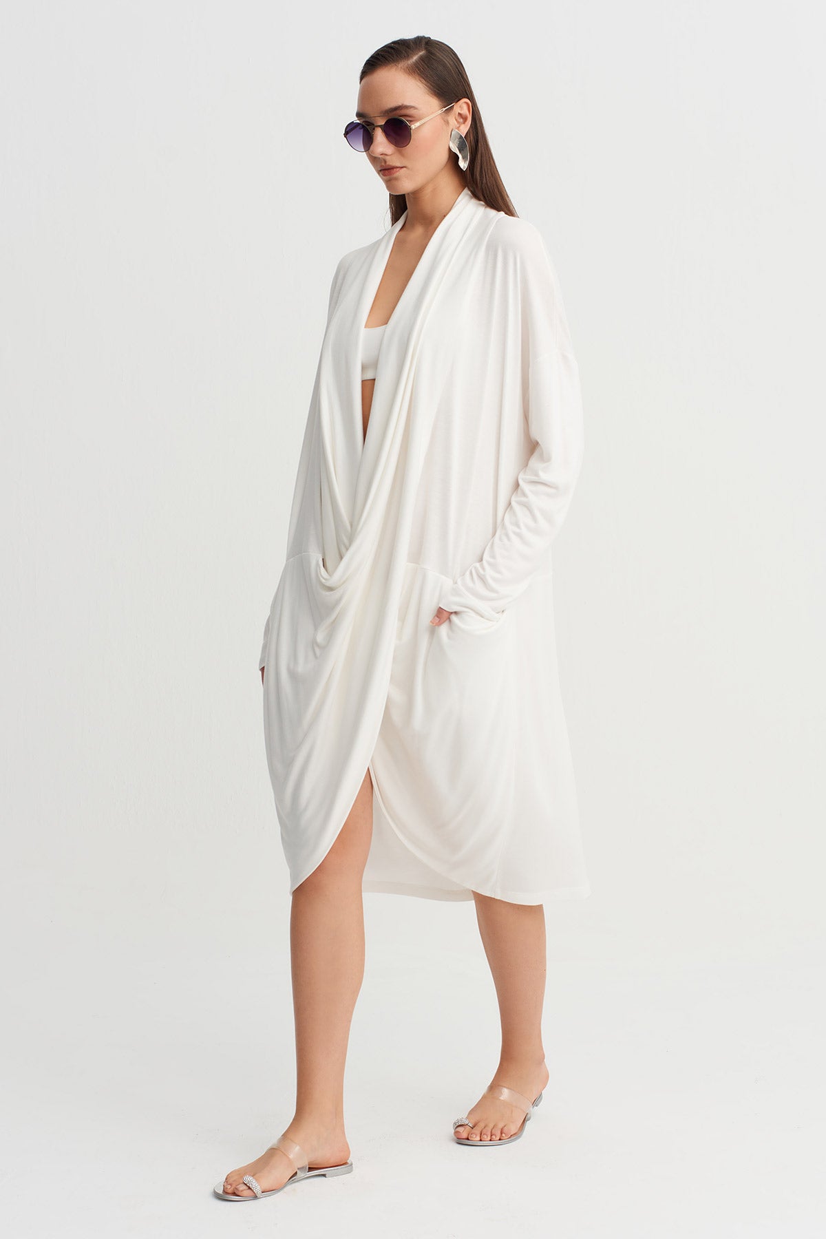 Off White Draped Neck Long Dress-Y264014047
