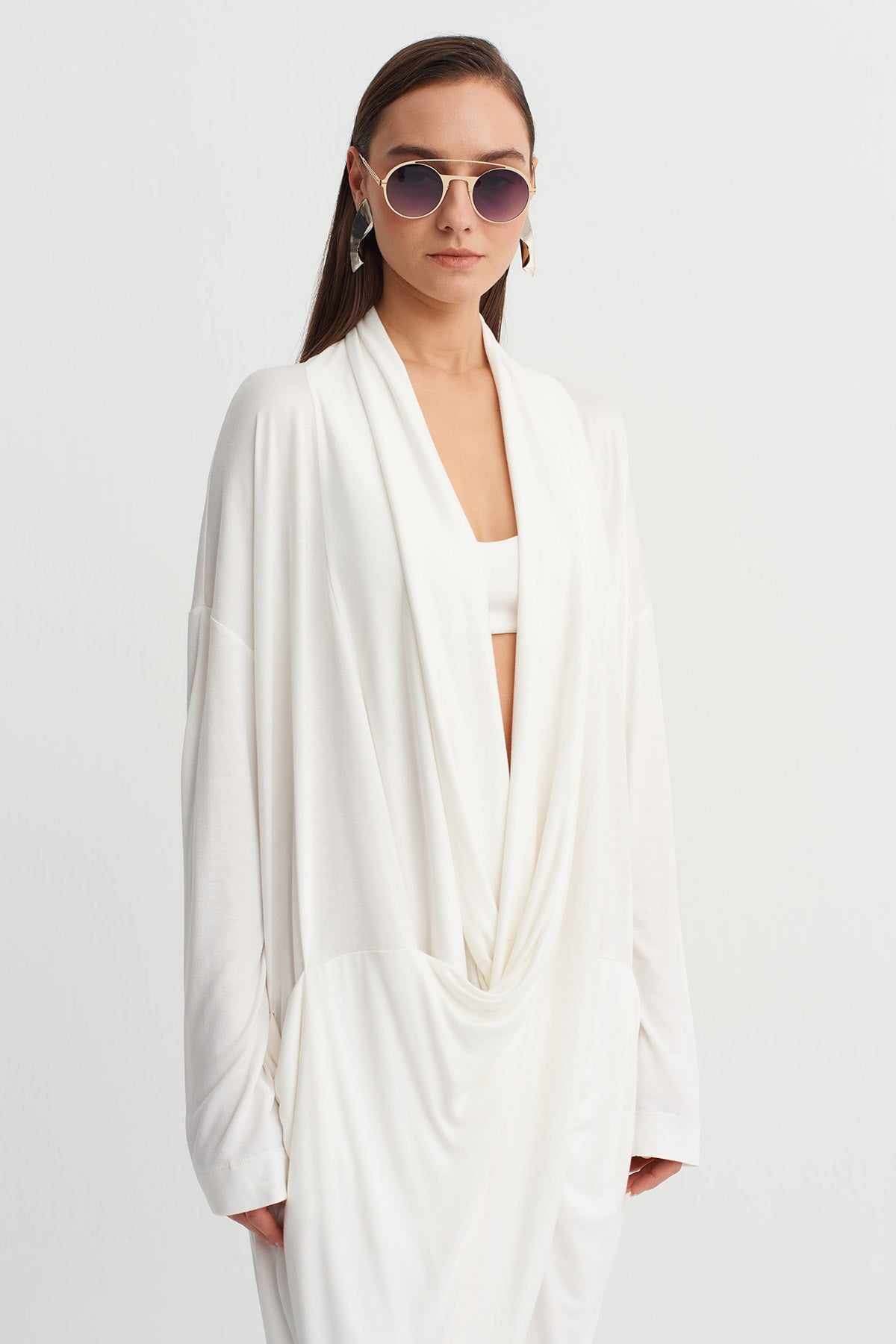Off White Draped Neck Long Dress-Y264014047