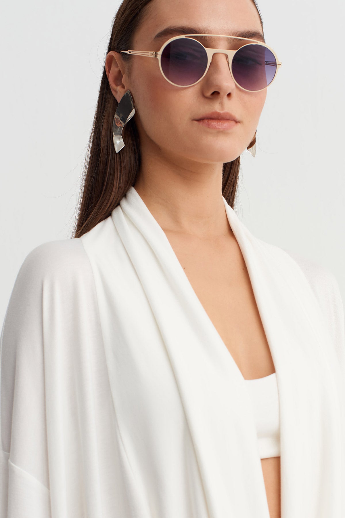 Off White Draped Neck Long Dress-Y264014047