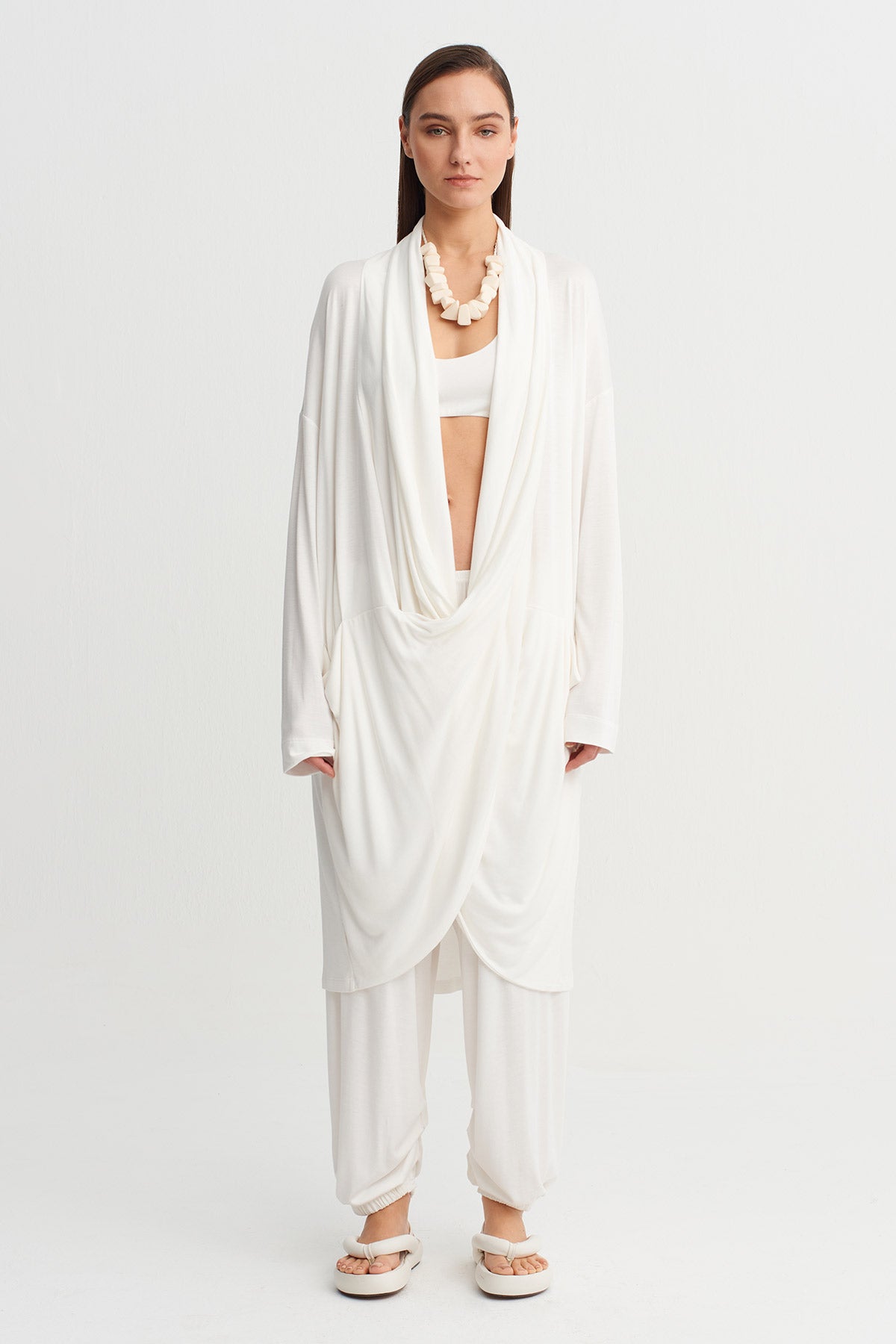Off White Draped Neck Long Dress-Y264014047
