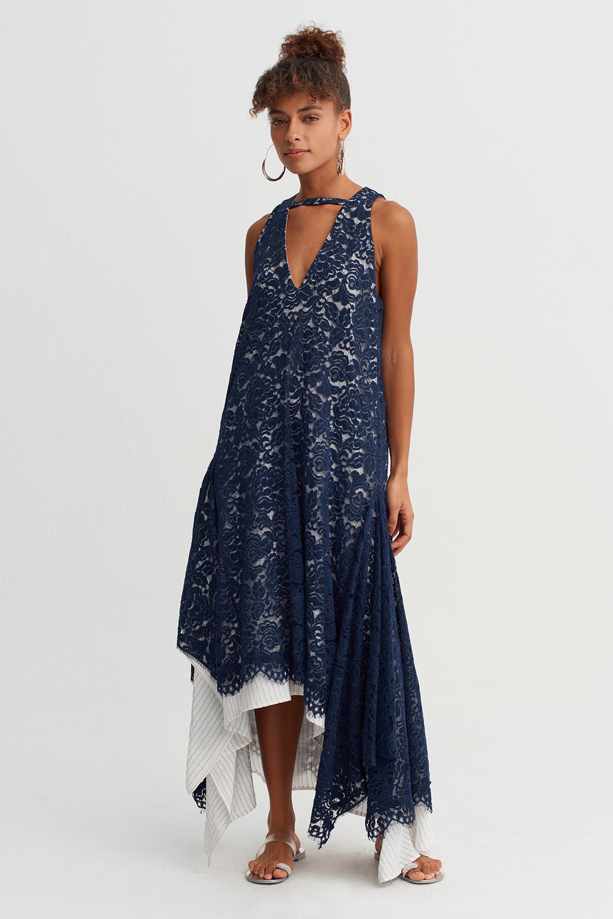 Indigo Asymmetrical Lace Dress-Y264014063