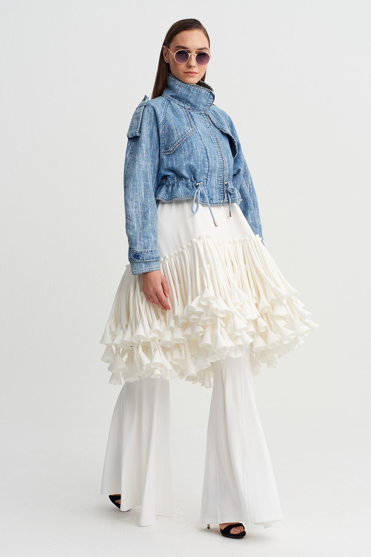 Indigo High-Neck Drawstring Denim Jacket-Y265015027