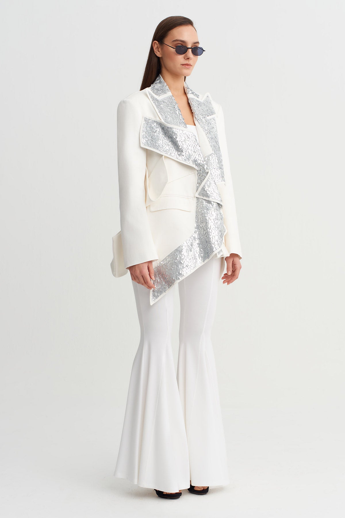 White / Silver Asymmetric Sequin-Panel Jacket-Y265015028