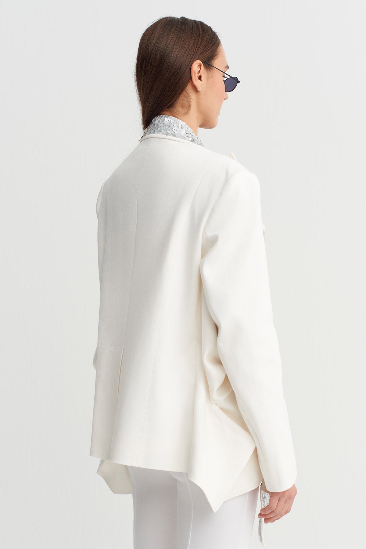 White / Silver Asymmetric Sequin-Panel Jacket-Y265015028