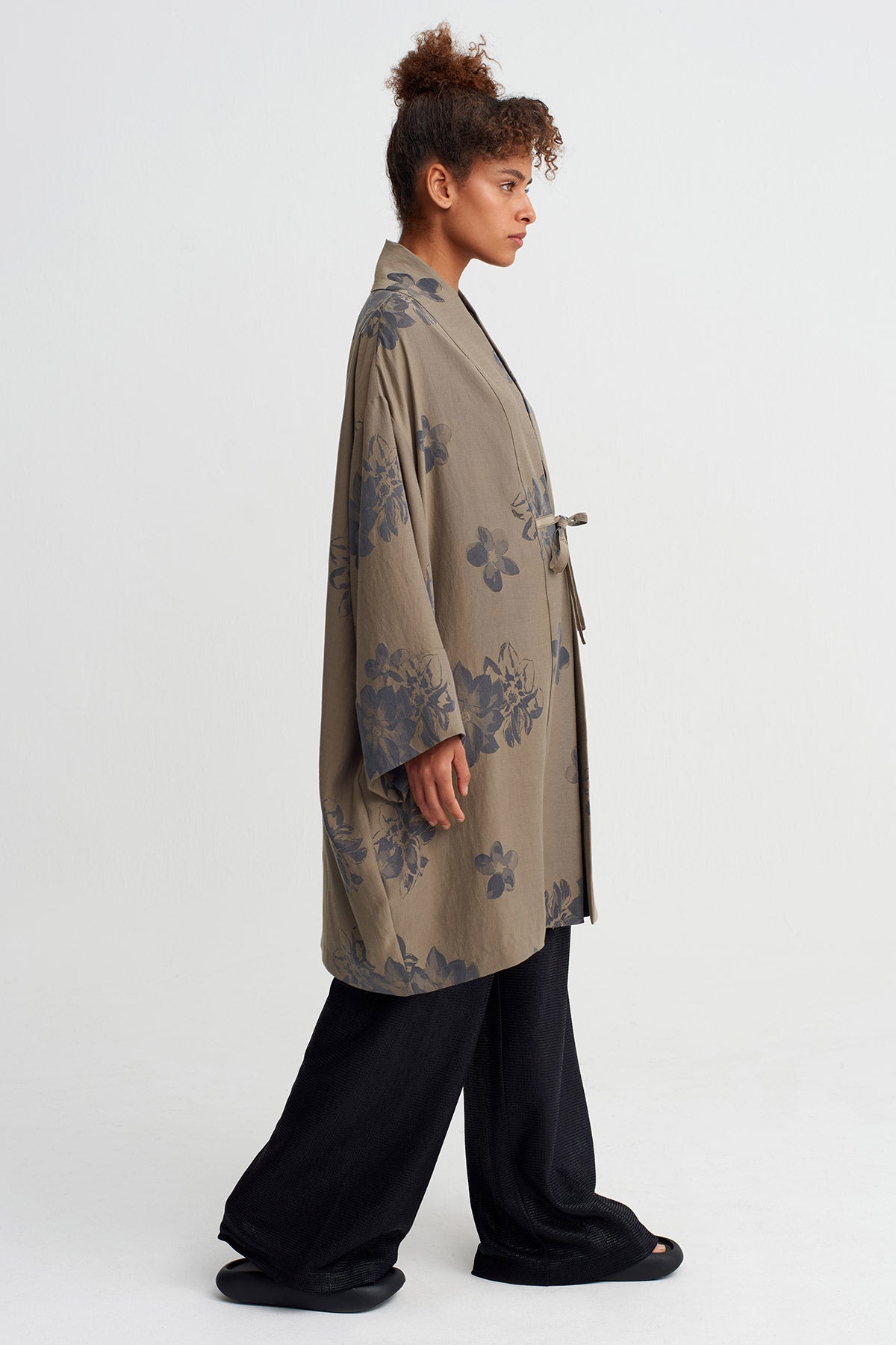 Kahve/Gri Patterned Tie-Front Kimono Jacket-Y265015036