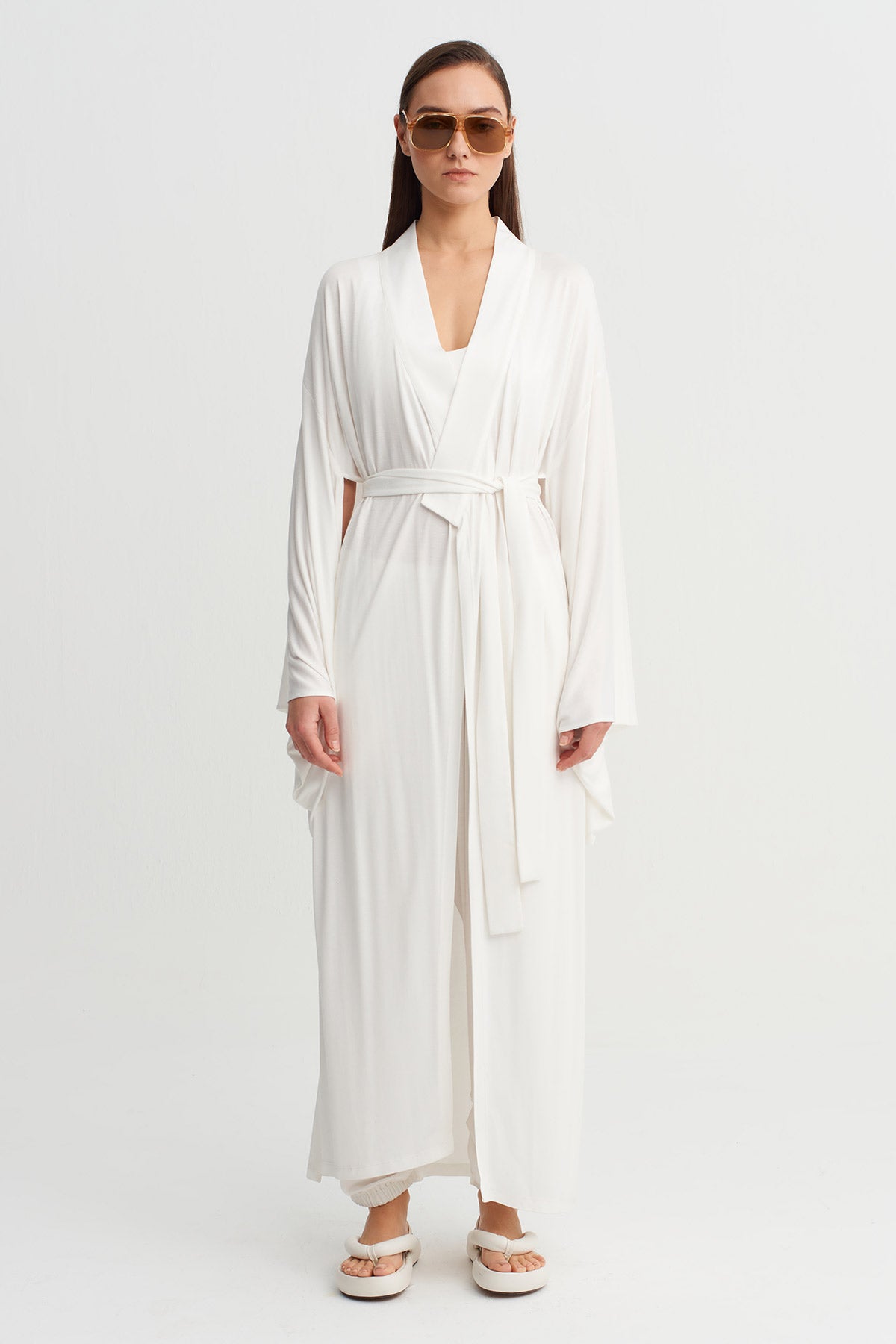 Off White Long Tie-Waist Kimono-Y265015039