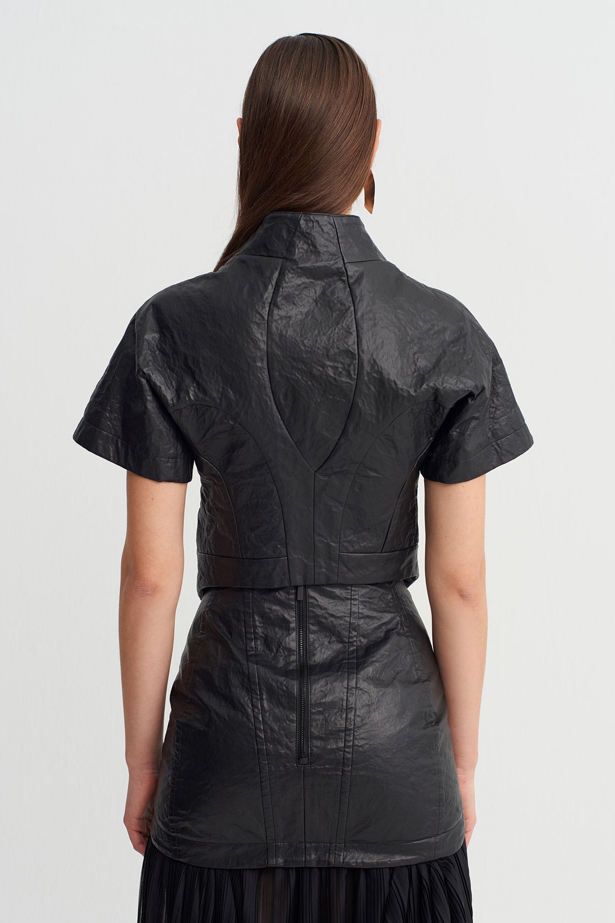 Black Short Leather Zip Jacket-Y265015041