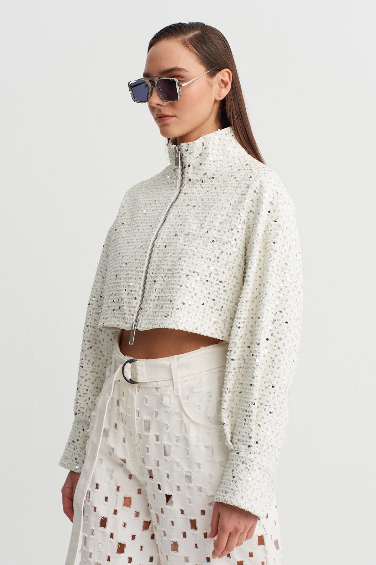Off White Shimmer Textured Crop Jacket-Y265015051