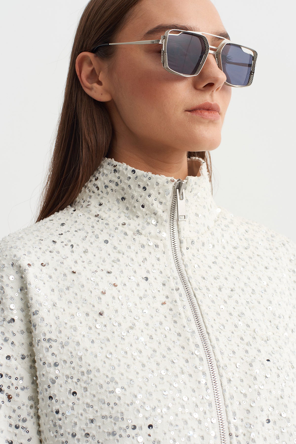 Off White Shimmer Textured Crop Jacket-Y265015051