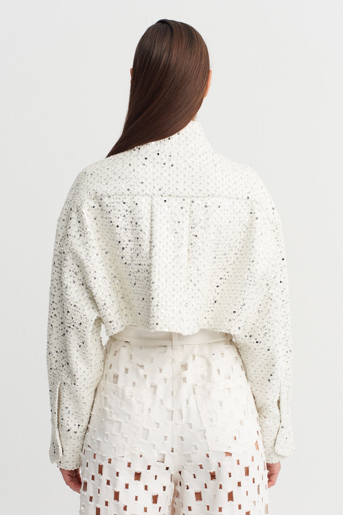 Off White Shimmer Textured Crop Jacket-Y265015051