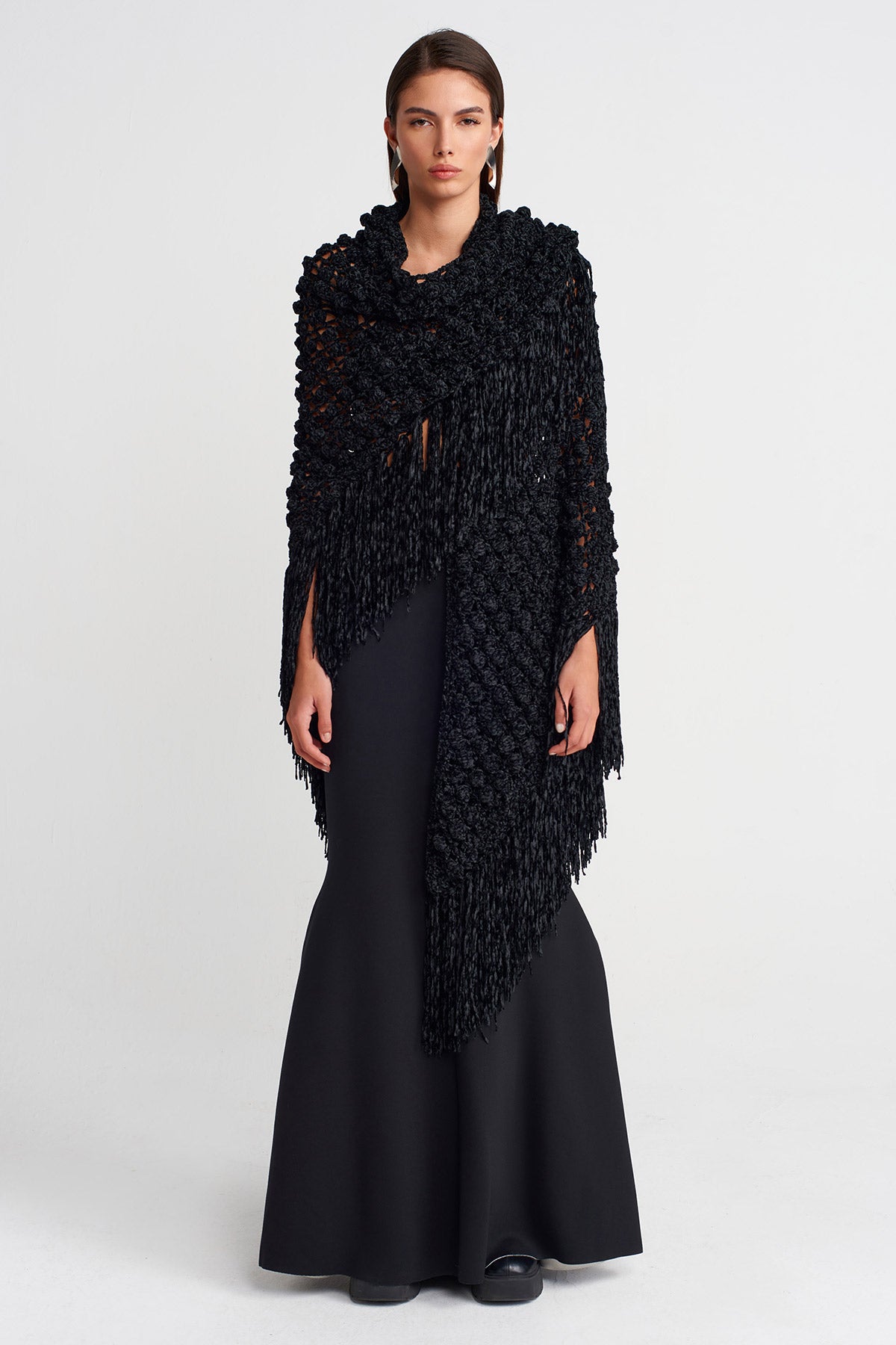 Black Textured Crochet Shawl-Y266016005