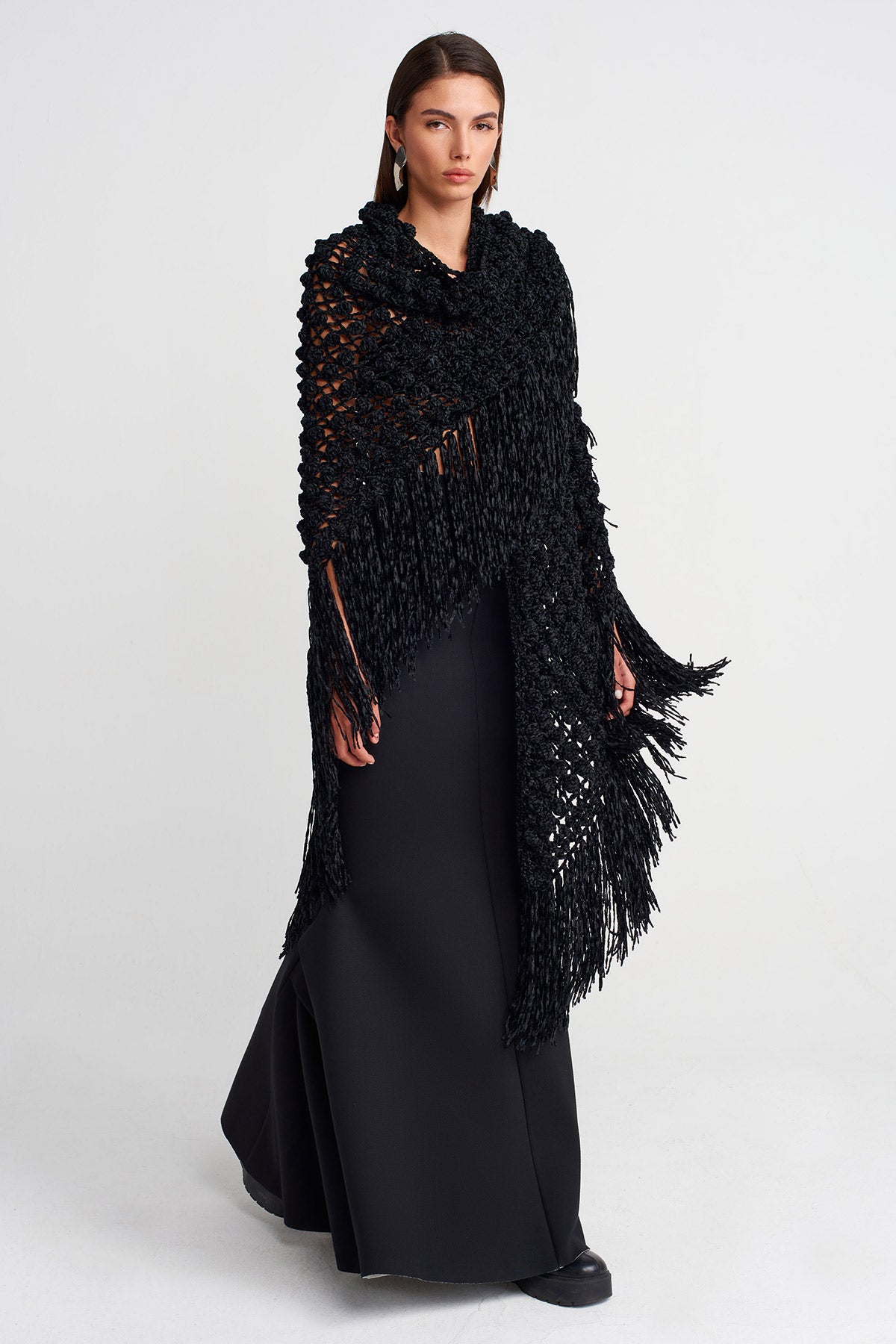 Black Textured Crochet Shawl-Y266016005