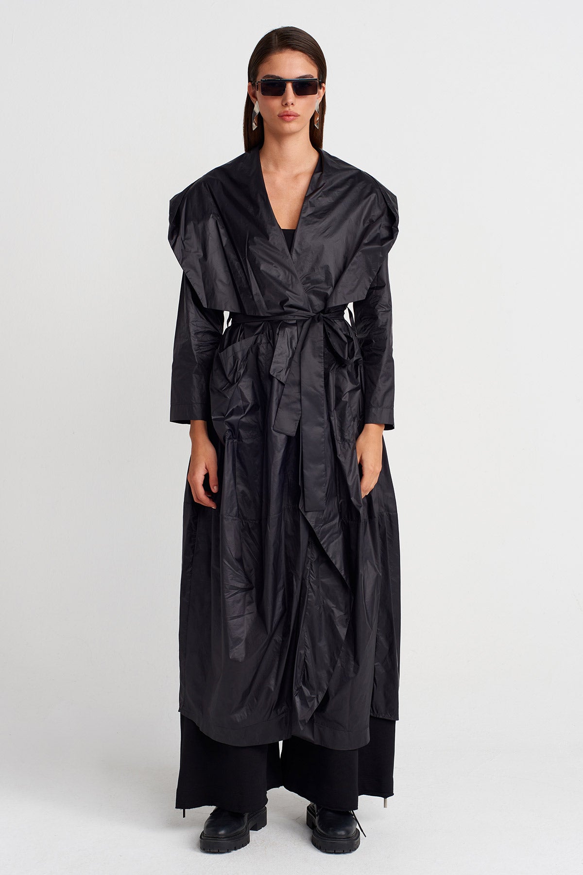 Black Hooded Draped Trench Coat-Y267017006