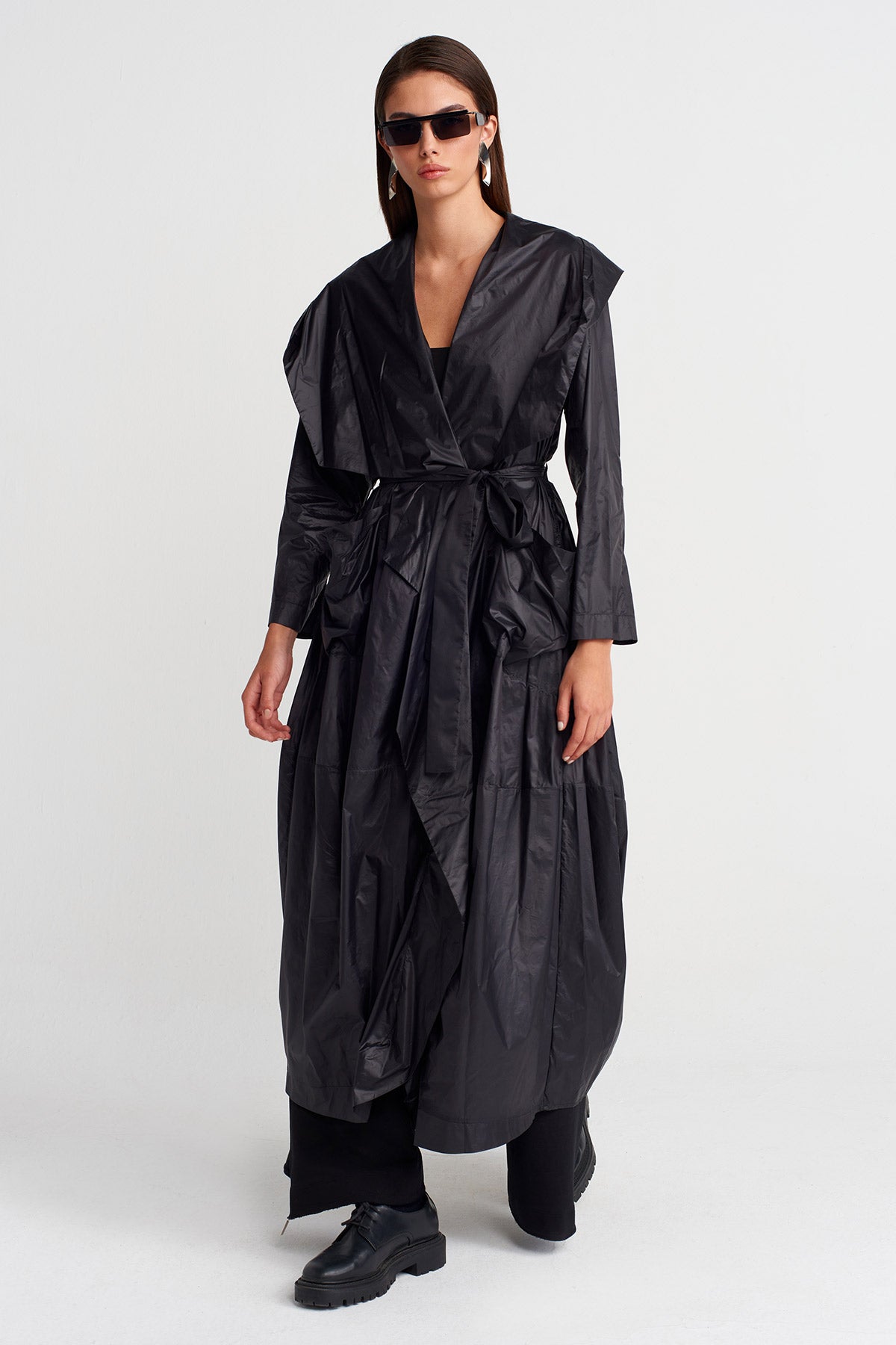 Black Hooded Draped Trench Coat-Y267017006