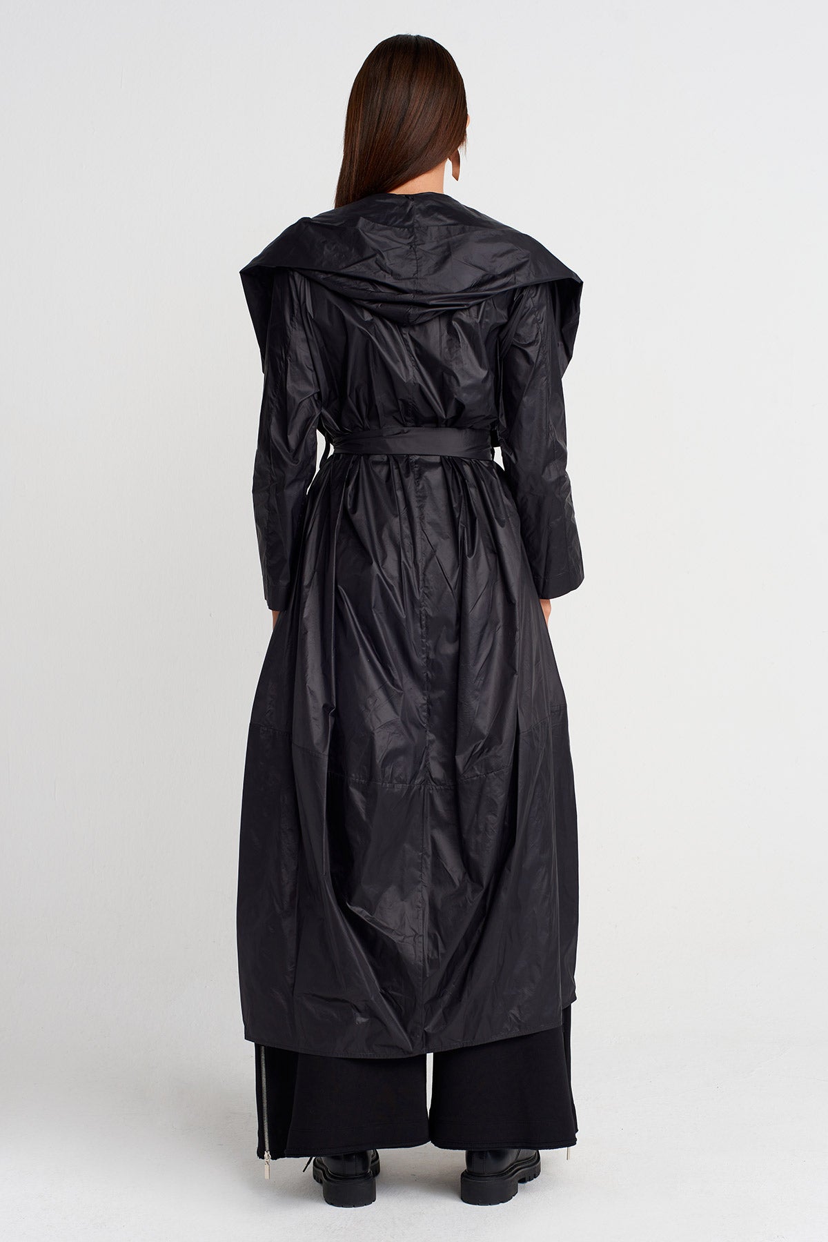 Black Hooded Draped Trench Coat-Y267017006