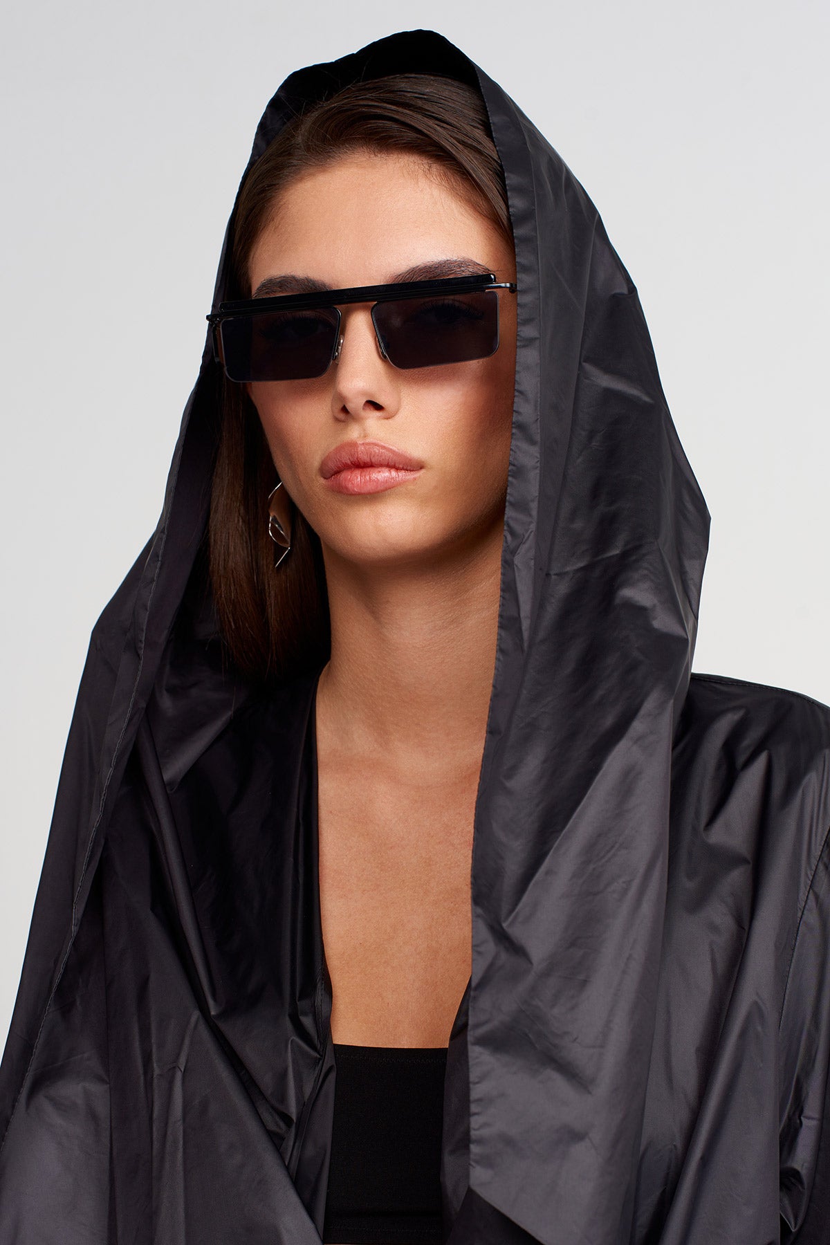 Black Hooded Draped Trench Coat-Y267017006