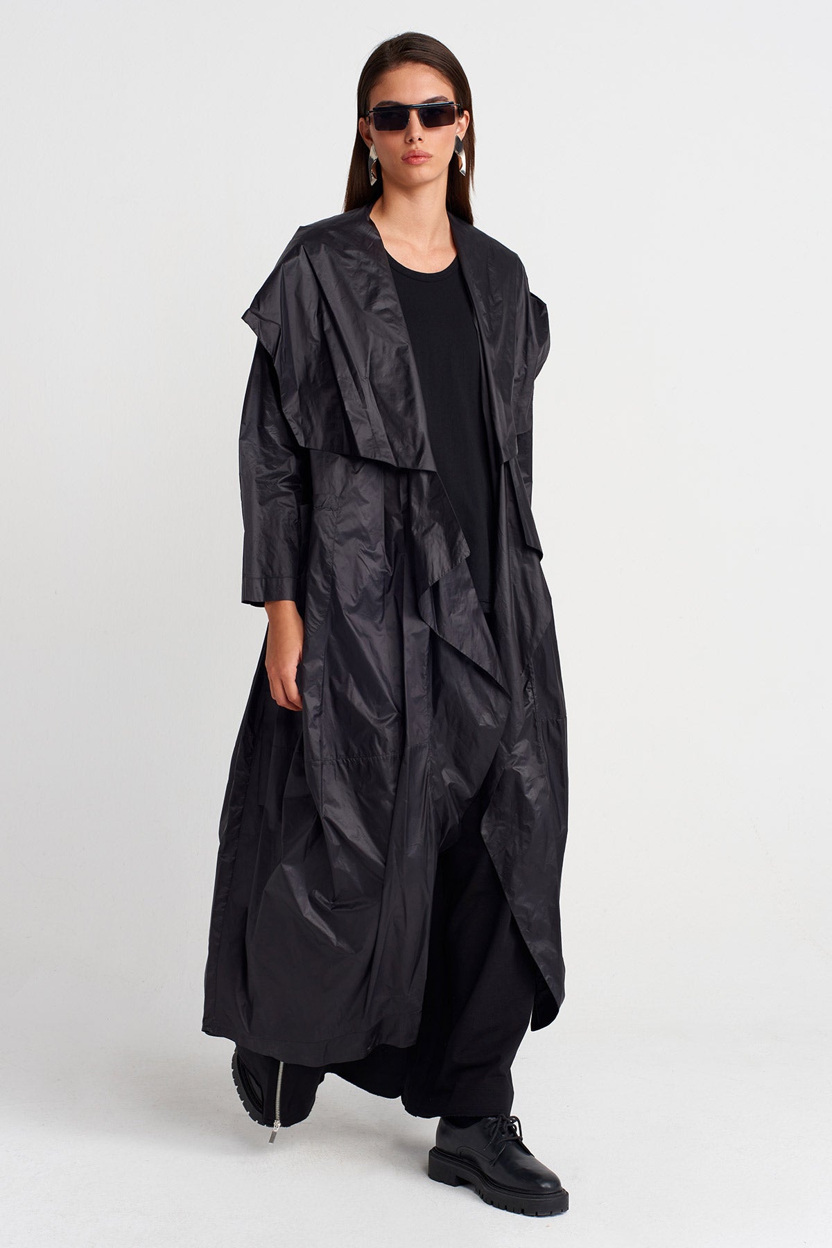 Black Hooded Draped Trench Coat-Y267017006