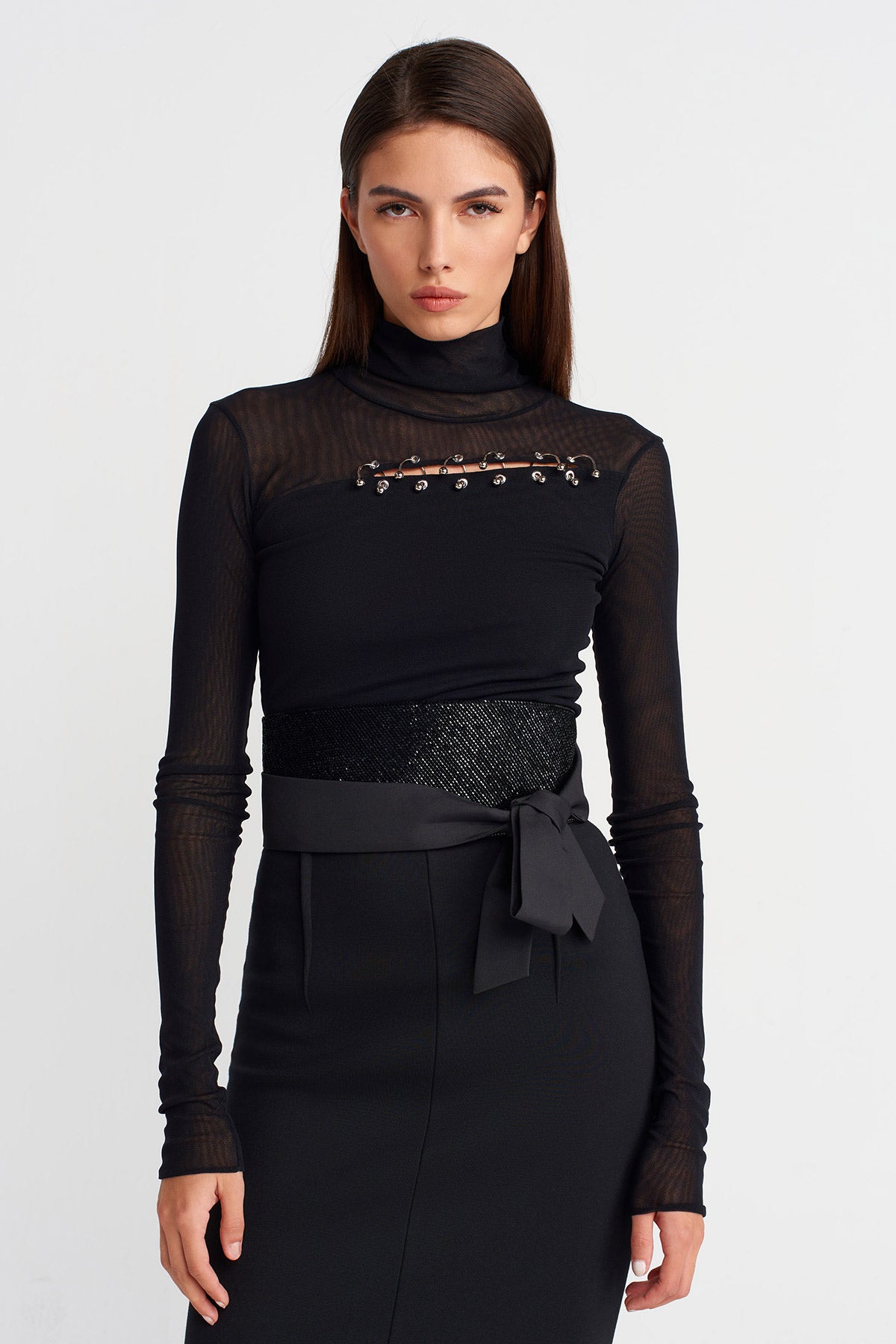 Black Stone-Texture Tie Belt-Y268018005