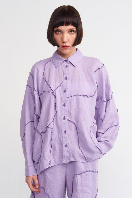 Lilac Stitch Detail Linen Shirt-Y231011115