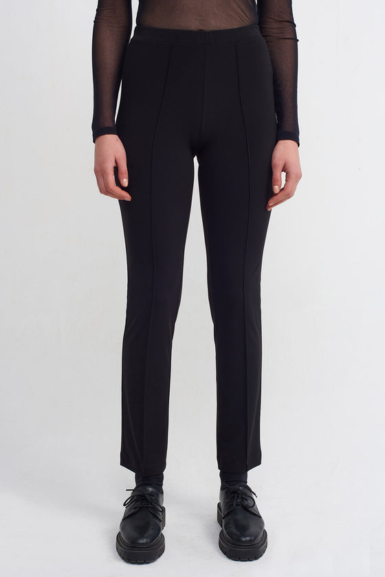 Black Iron-On Stitched Tight Jersey Trousers-Y233013046