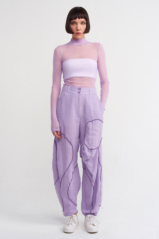 Lilac Stitch Detail Linen Trousers-Y233013081