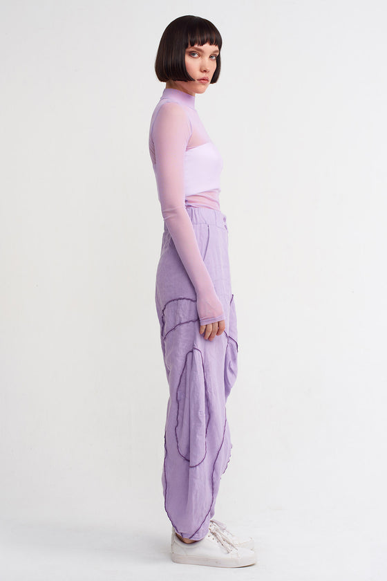 Lilac Stitch Detail Linen Trousers-Y233013081