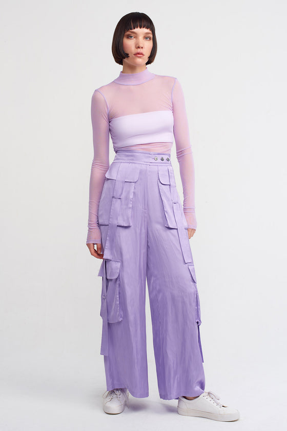 Lilac Cargo Pocket Satin Palazzo Trousers-Y233013082